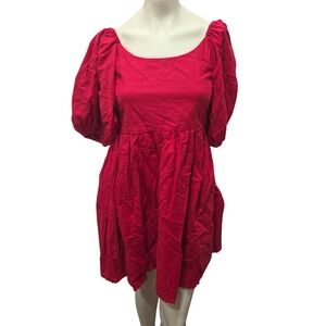 ELF Handmade Linen Red Babydoll Mini Dress Puff Sleeve Cottagecore One Size